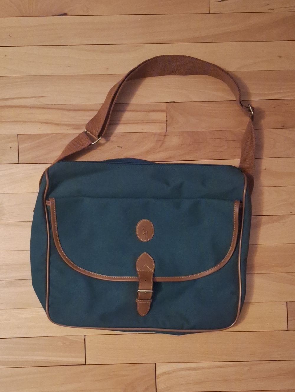 Canvas Messenger Bag with Leather Trim - Teal